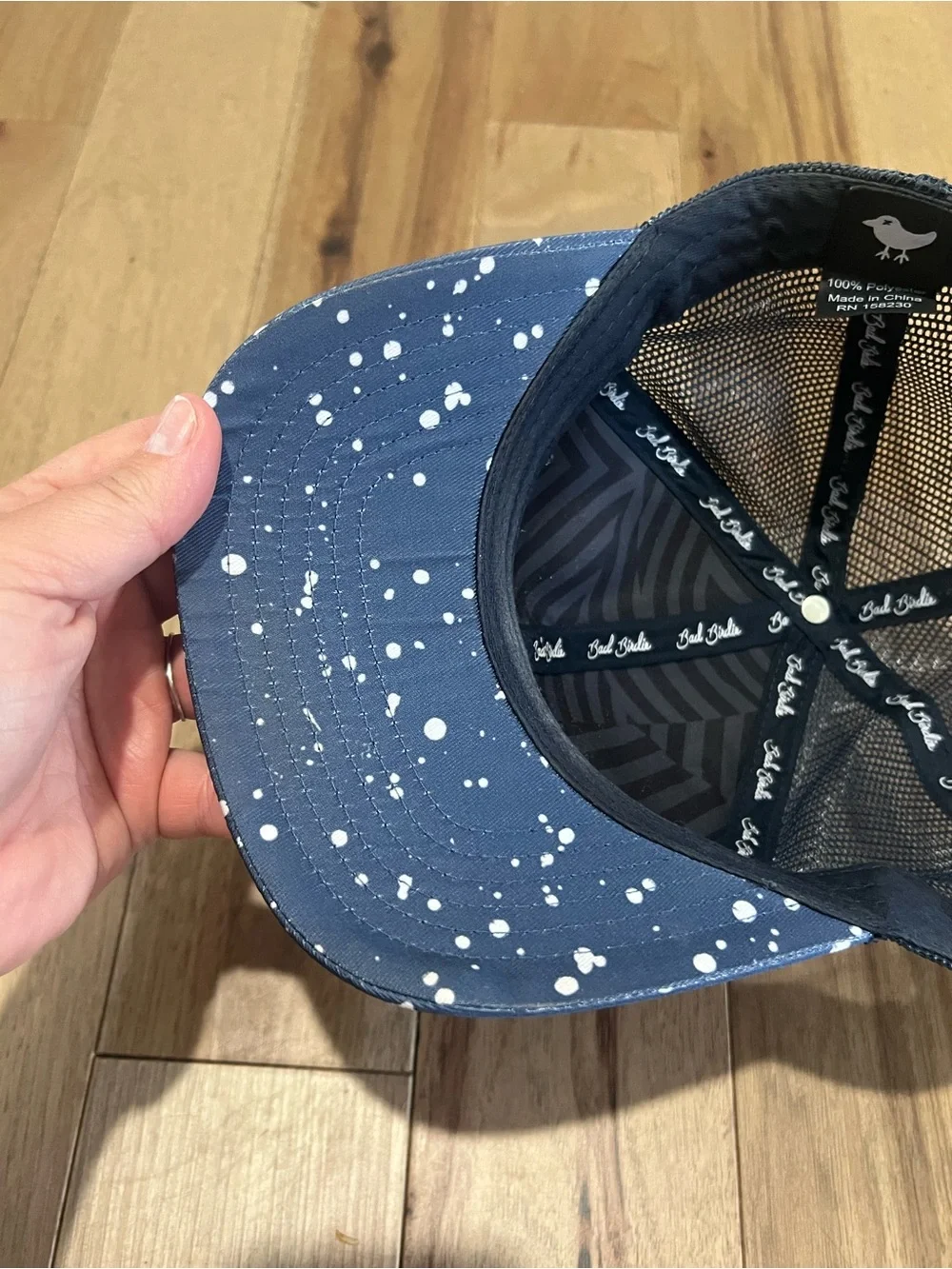 Bad Birdie Golf Hat Blue White Paint Splatter Trucker Snapback Cap Mesh Back